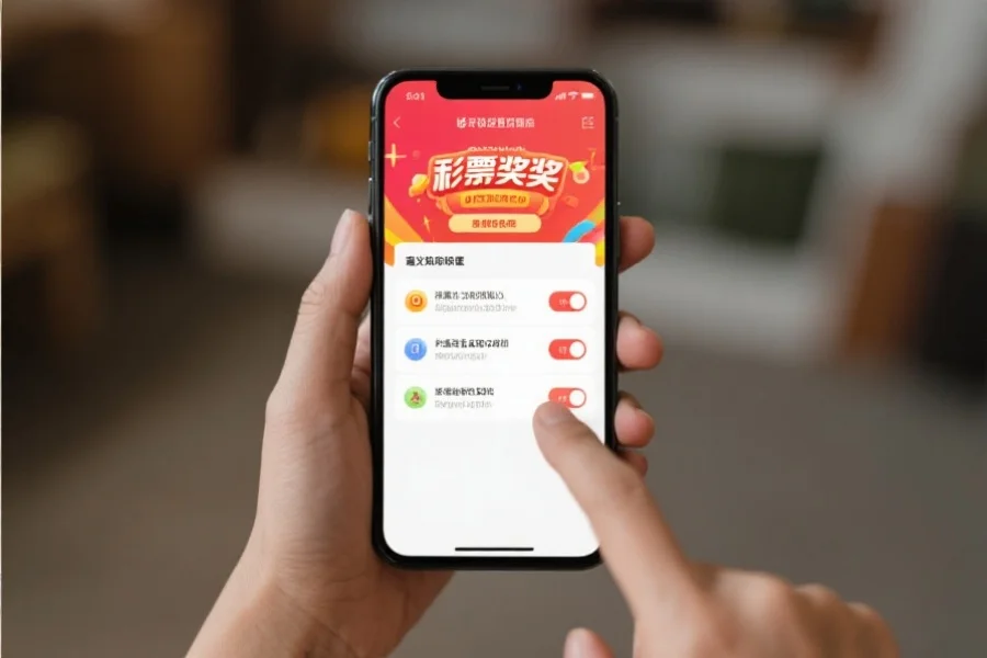 手机屏幕上显示彩票开奖软件的通知设置界面，用户正在进行自定义通知类型选择
