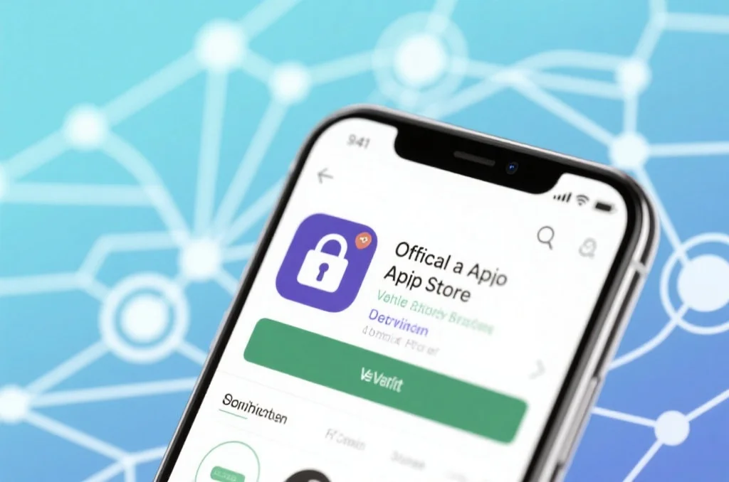 智能手机显示官方应用商店界面，带有安全标志